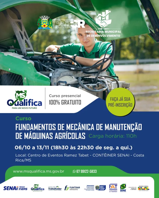 Imagem de compartilhamento para o artigo Costa Rica abre inscrições para curso gratuito de manutenção de máquinas agrícolas em parceria com o Senai da MS Todo dia